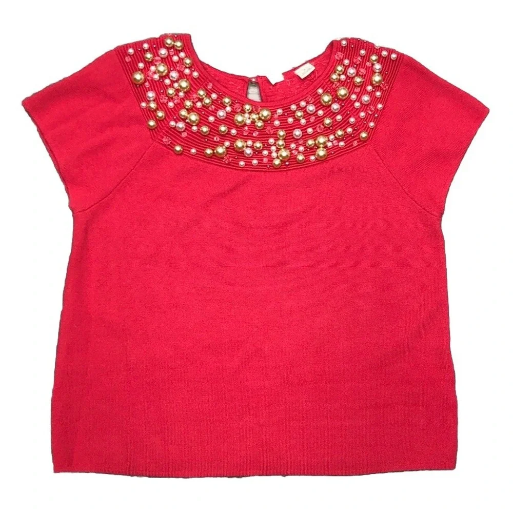 MOTH‎ Anthropologie M Red Coral Pearl Dangle Beaded Knit Top Brienne